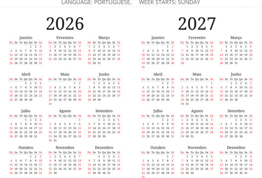 Dual year portuguese language calendar for 2026 and 2027 showing twelve months each with sunday as the first day of the week in red and black text on white paper