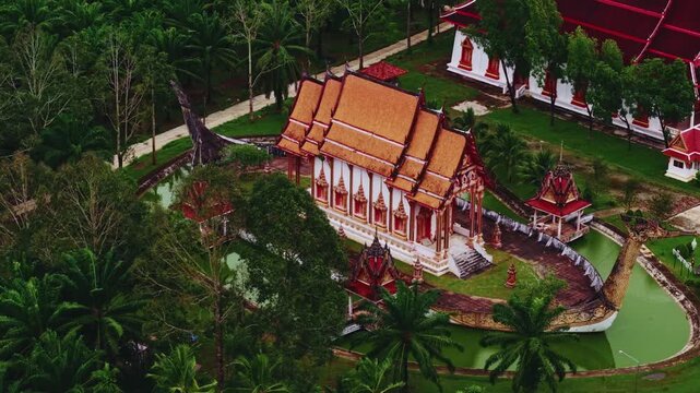 Aerial view Buddhism Wat Bang Riang Temple, Ranong Thailand.