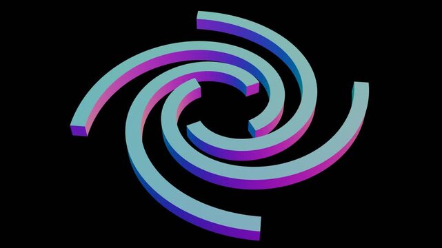 Spiral forms rotate against a stark black backdrop