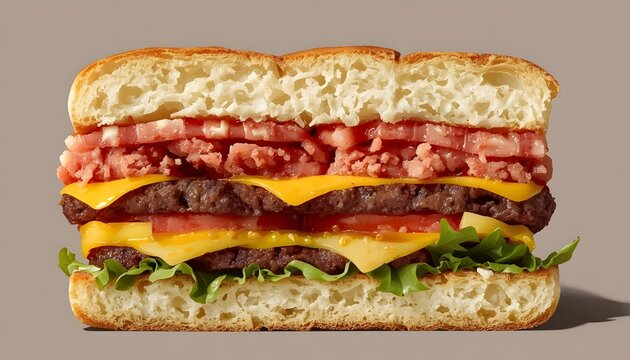 A mouthwatering double-decker burger with bacon, cheese, and lettuce on a toasted bun