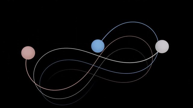Abstract spheres orbit with flowing lines against black void