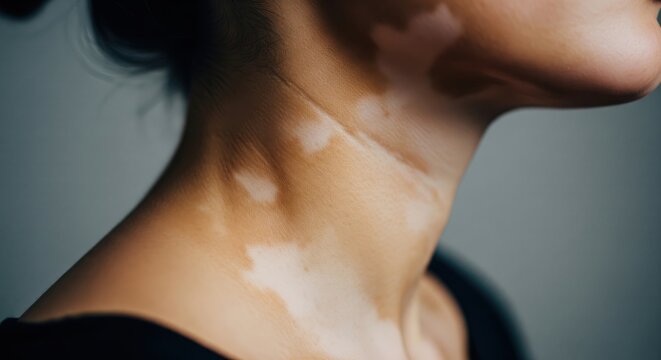 Close up of vitiligo skin on neck of woman. Dermatology condition and skin diversity awareness concept. Medical and beauty photography