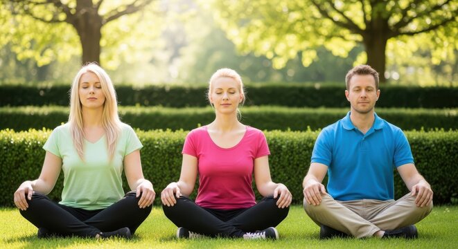 Three people meditating in a park, sitting in a lotus position on the grass