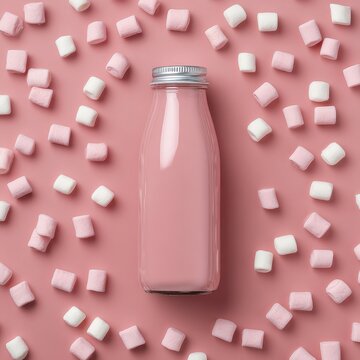 Monochromatic mauve-pink flat lay of a glass milk bottle filled with pink drink surrounded by scattered pink and white marshmallows on a pink background, sweet playful candy lifestyle concept
