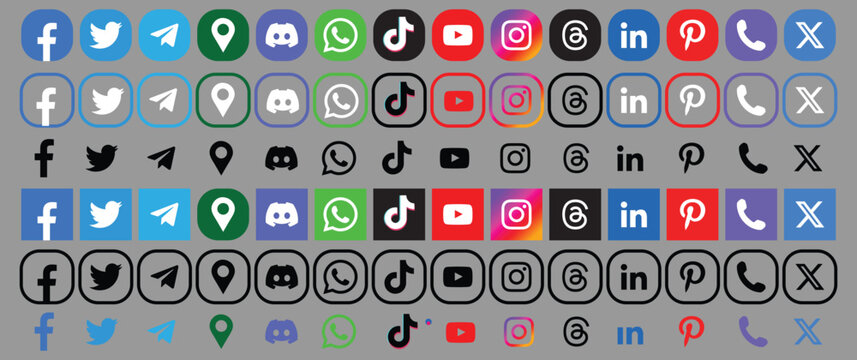 Vector art of collection of various social media and messaging app icons on gray background