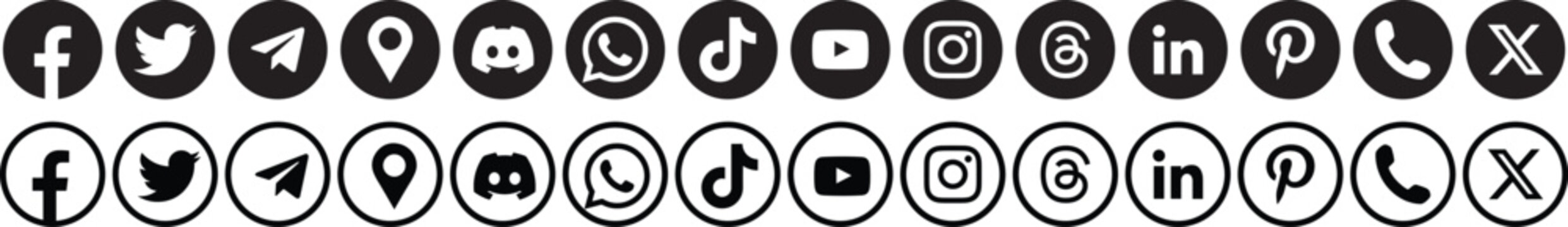 Vector art of black and white social media icons on a pure