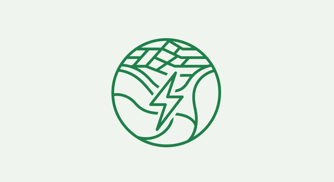 Green icon of lightning on a windy day with waves and clouds
