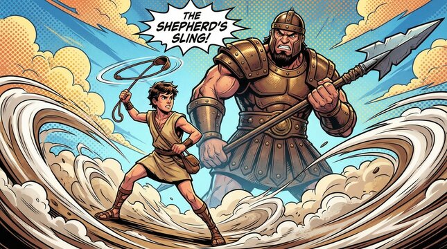 David and Goliath Comic Book Style Battle with Shepherd's Sling

