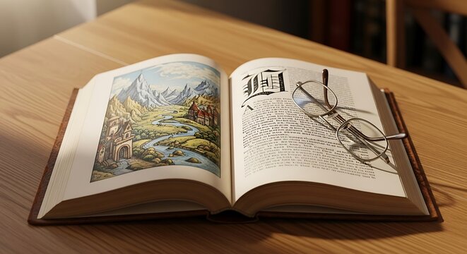 Open book with illustrations and eyeglasses on a wooden table