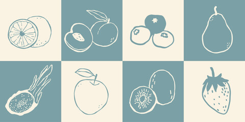 Fresh fruits seamless pattern line art outline style bundle set background vector illustration template in a blue color , healthy food and vitamins . © irina