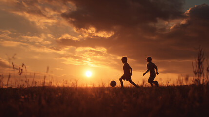 Fototapeta premium Two Boys Playing Soccer at Sunset Silhouette