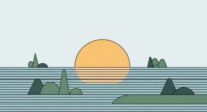 Minimalist Landscape Illustration with Sun and Water Lines