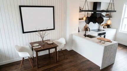 Fototapeta premium Cozy dining nook with wooden table chairs and kitchen island.