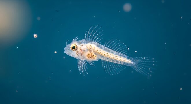 Transparent Fish Swimming in the Deep Blue Ocean Water with Bubbles.