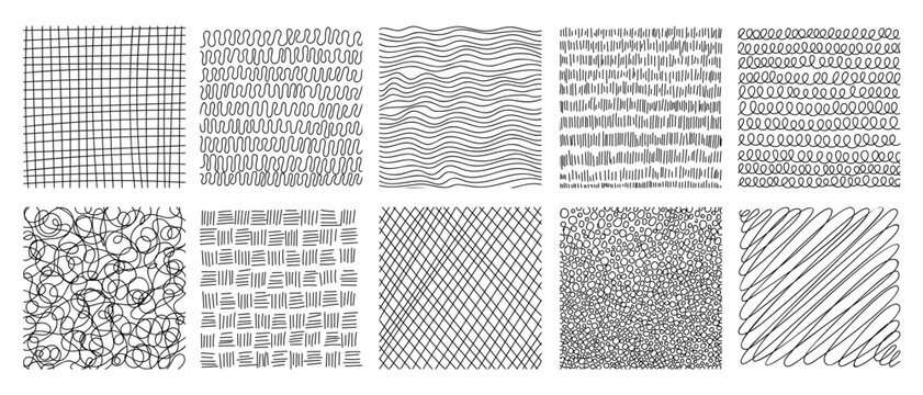 Pencil drawn crosshatch pattern collection with scribble techniques set. Textured line work creates shading depth. Ideal for hand-sketched background and artistic pencil illustration.