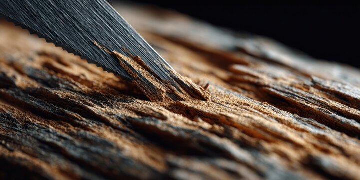Extreme close-up of a serrated blade slicing through rough natural wood texture