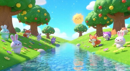 Fototapeta premium Cute Forest Scene with Animals and Sunny Sky in Cartoon Style