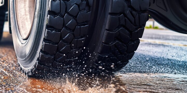 Close-up of heavy-duty truck tires driving through water on the road