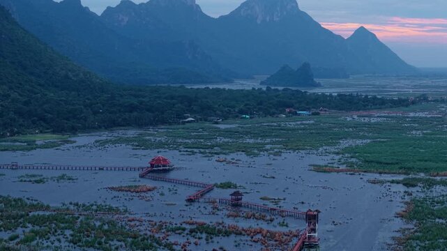 Lake with lotus in Khao Sam Roi Yot national park at sunset, Thailand Aerial view.