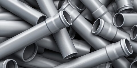 Fototapeta premium Chaotically arranged grey PVC water pipes create a textured background for construction themes