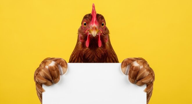 Funny chicken holding blank sign on bright yellow background