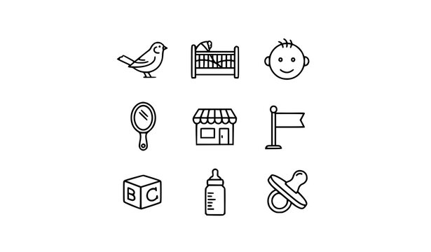 Small outline icons set with sparrow baby crib shop mirror and mini object symbols minimal vector collection