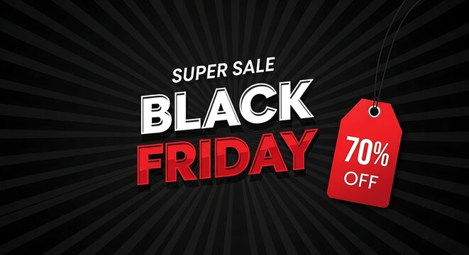 Black friday super sale advertisement with bold typography and red tag