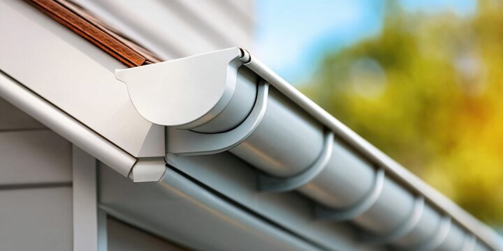 Clean white seamless gutter system on a modern house exterior with blurred background