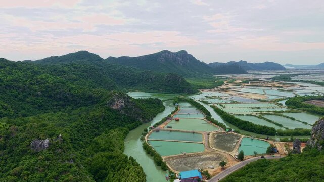 Aerial view Fishing village in khao sam roi yot national park, Thailand.