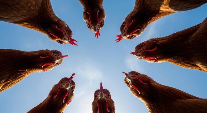 Group of chickens looking down with open beaks in a circle