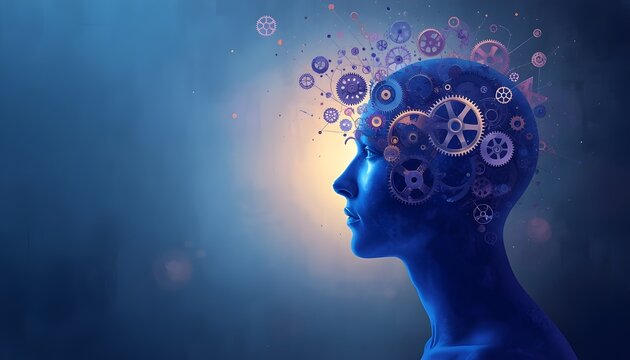 A creative illustration of a human head with gears and cogs emerging from it, symbolizing innovative thinking and intellectual curiosity.