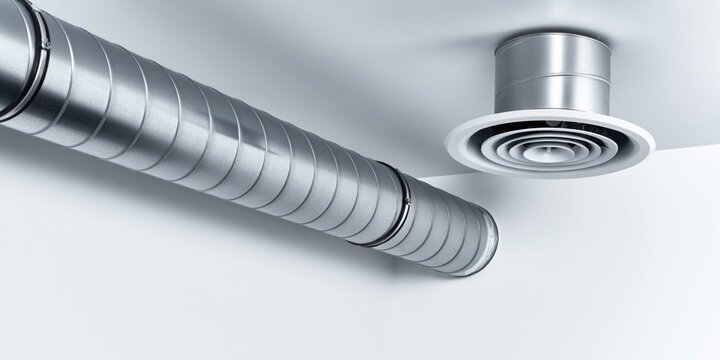 Modern office ceiling with metallic air duct and ventilation system