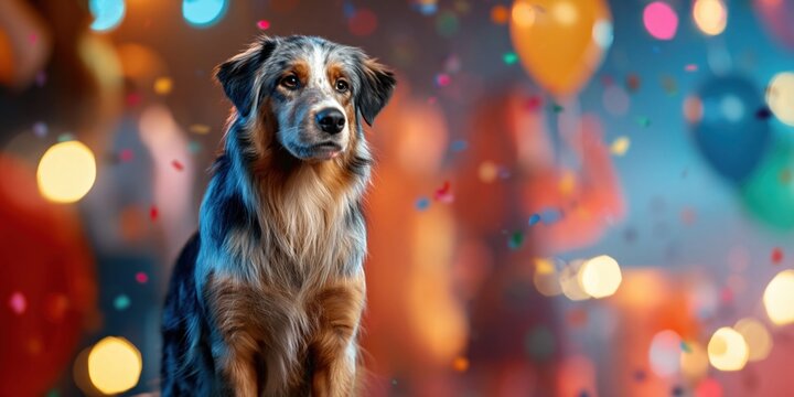An Australian Shepherd dog sits alone amidst a vibrant, noisy party environment with bokeh lights
