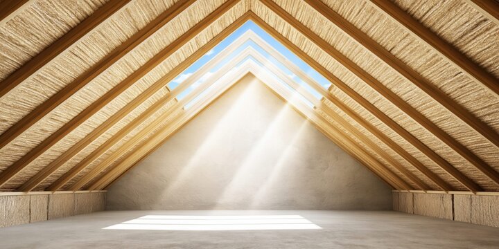 Sunlight streams through a skylight into an empty attic with wooden beams and insulation