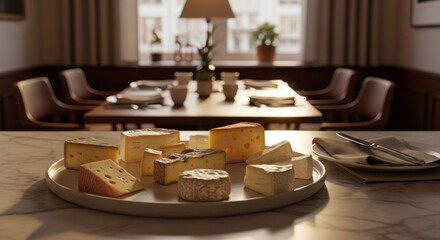 Fototapeta premium Gourmet Cheese Platter Displayed on Marble Countertop in Elegant Dining Room Setting.