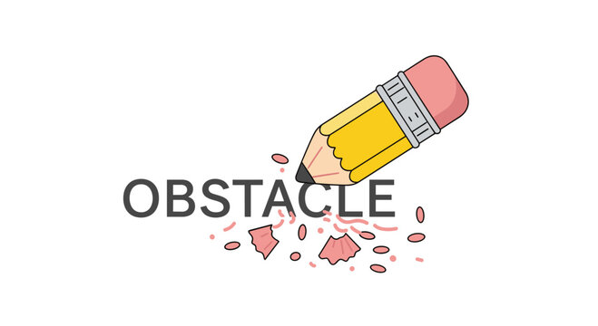 Yellow wooden pencil with a pink rubber eraser actively removes the word obstacle on a clean white surface with scattered pencil shavings underneath it.