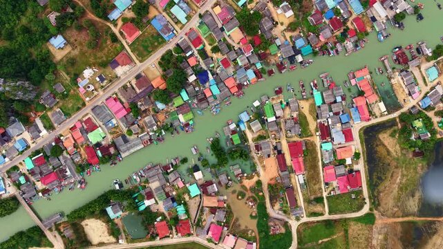 Aerial view Fishing village in khao sam roi yot national park, Thailand.