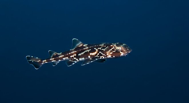 Unique Underwater Shot of a Zebra Shark Swimming in Deep Blue Ocean.