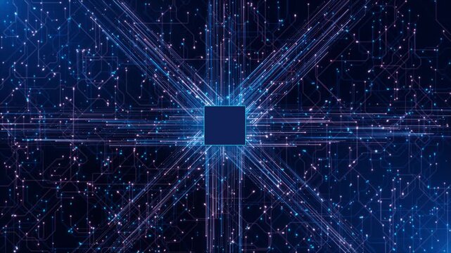 Digital Starburst Microchip Intricate Circuit processor emitting powerful light rays complex blue circuit . for quantum computing, global networking, high-speed data transfer. enterprise IT solutions.