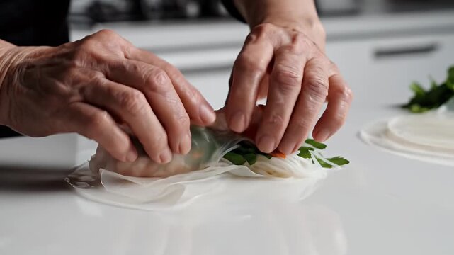 Close-up Hands Carefully Wrapping Fresh Spring Roll With Shrimp Rice Noodles And Green Herbs In A Bright Kitchen Setting Detailed Food Preparation Professional Shot