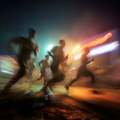 Fototapeta premium Nighttime Crowd Running Motion Blur in Vibrant City Lights