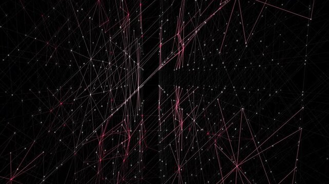 dark grey triangulation landscape violently fractures with sharp crimson warning flares, visualizing chaotic data fragmentation. Ideal for cybersecurity explainer videos.