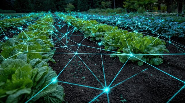 Glowing blue network of sensor nodes connecting plants in a futuristic smart farm field