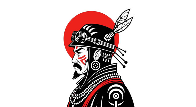 Japanese Warrior with Traditional Markings and Feathers, Styled Illustration, gsk