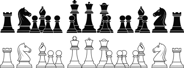 Chess pieces set silhouettes and outlines, strategy board game elements, king queen rook knight bishop pawn icons, black and white vector © MDRAKIB