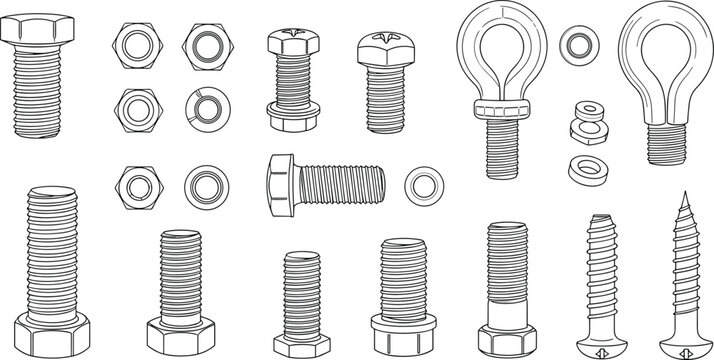 Industrial fasteners collection including bolts nuts screws and eye bolts, engineering hardware set, mechanical components, technical outline vector illustration