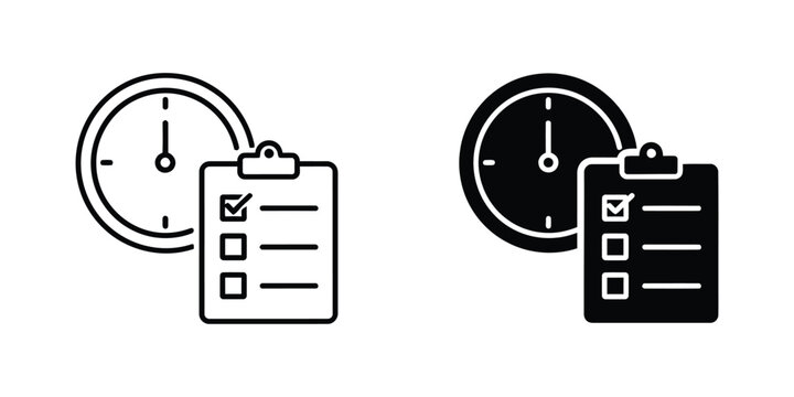 Clock and clipboard checklist outline and solid set