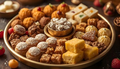 Fototapeta premium A beautifully arranged assortment of sweet pastries and desserts on a gold platter with fresh fruits and powdered sugar