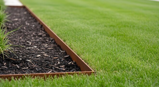 Clean-cut green lawn with modern metal garden edging separating dark mulch bed. Professional landscape design detail.