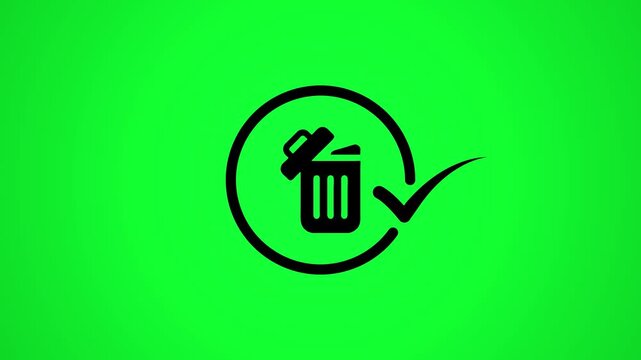 Animated trash can icon with checkmark motion graphic on green screen background.
